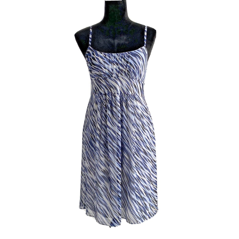 Ann Taylor Sundress 0 White Blue Black Wavy Stripe Empire Dress Lined Summer